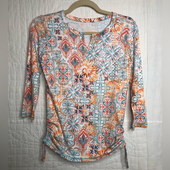 T by Talbots ladies medallion split neck ruched top size P - Picture 1 of 6